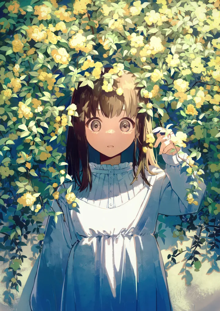 1girl,upper_body,bangs,solo,leaf,parted_lips,outdoors,hand_up,brown_hair,brown_eyes,plant,white_dress,looking_at_viewer,vertical,sleeves_past_wrists,dress,long_hair,long_sleeves,flower,yellow_flower