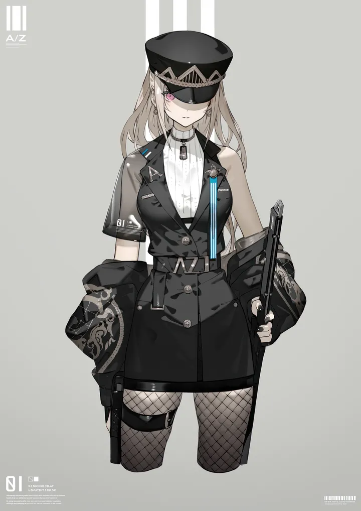 1girl,breasts,cropped_legs,solo,closed_mouth,thigh_strap,jacket,hat,holding_weapon,holding,sleeveless,simple_background,barcode,weapon,fishnets,white_background,white_shirt,belt,looking_at_viewer,skirt,vertical,shirt,pantyhose,long_hair,off_shoulder,fishnet_pantyhose,black_headwear,black_jacket,black_nails,black_skirt