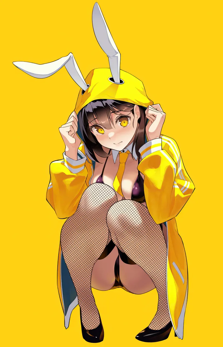 1girl,medium_breasts,breasts,rabbit_ears,hood,full_body,animal_ears,animal_hood,bangs,fake_animal_ears,solo,closed_mouth,jacket,hood_up,simple_background,brown_hair,bikini,swimsuit,fishnets,looking_at_viewer,vertical,smile,blush,open_clothes,squatting,thighhighs,hooded_jacket,long_sleeves,shoes,necktie,detached_collar,high_heels,fishnet_thighhighs,yellow_jacket,yellow_eyes,yellow_background,yellow_necktie,black_hair,black_bikini,black_footwear