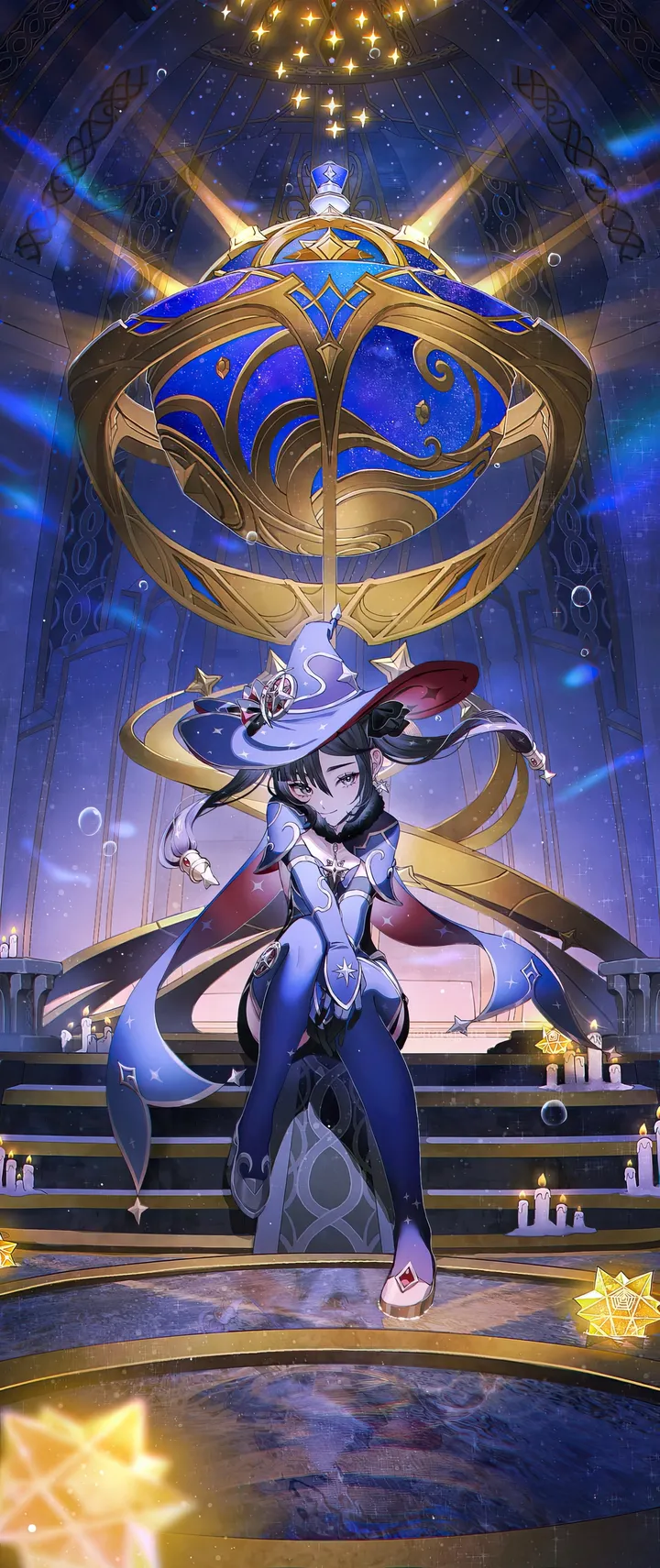 1girl,detached_sleeves,breasts,full_body,bangs,solo,closed_eyes,twintails,stairs,closed_mouth,sitting,thighlet,hair_ornament,witch_hat,hat_ornament,hat,gloves,cape,star_symbol,star_earrings,fur_collar,jewelry,looking_at_viewer,vertical,leotard,green_eyes,earrings,blue_headwear,blue_leotard,candle,pantyhose,long_hair,elbow_gloves,sparkle_print,choker,high_heels,black_hair,black_gloves