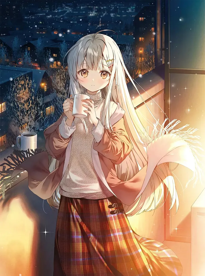 1girl,bangs,solo,hands_up,hairclip,ahoge,closed_mouth,scarf,cityscape,night,hair_ornament,jacket,indoors,building,very_long_hair,holding_cup,holding,cup,plaid,plaid_skirt,brown_jacket,brown_eyes,sweater,white_hair,white_sweater,looking_at_viewer,skirt,window,vertical,standing,smile,red_skirt,blush,open_jacket,open_clothes,long_hair,long_sleeves,long_skirt,mug,turtleneck