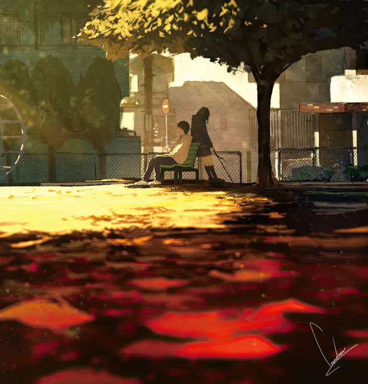 1girl,1boy,park,sitting,building,outdoors,fence,tree,school_uniform,white_shirt,short_hair,skirt,autumn_leaves,vertical,signature,shirt,socks,pants,chain-link_fence,bench,long_sleeves,sunlight,facing_away,shoes,scenery,black_hair