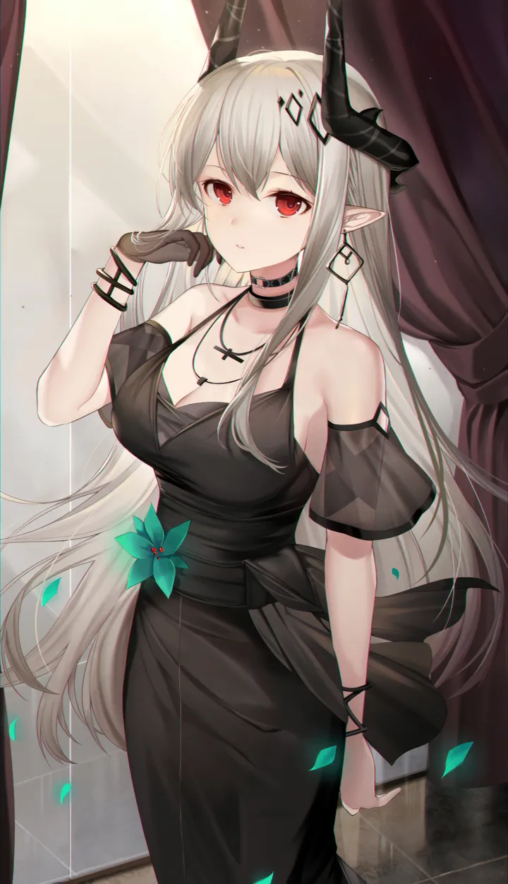 1girl,cowboy_shot,detached_sleeves,breasts,cleavage,bangs,solo,single_glove,closed_mouth,hair_ornament,pointy_ears,official_alternate_costume,indoors,very_long_hair,gloves,hand_up,grey_hair,jewelry,looking_at_viewer,short_sleeves,curtains,vertical,standing,red_eyes,green_flower,earrings,petals,horns,large_breasts,dress,long_hair,bare_shoulders,choker,necklace,black_gloves,black_dress,black_choker