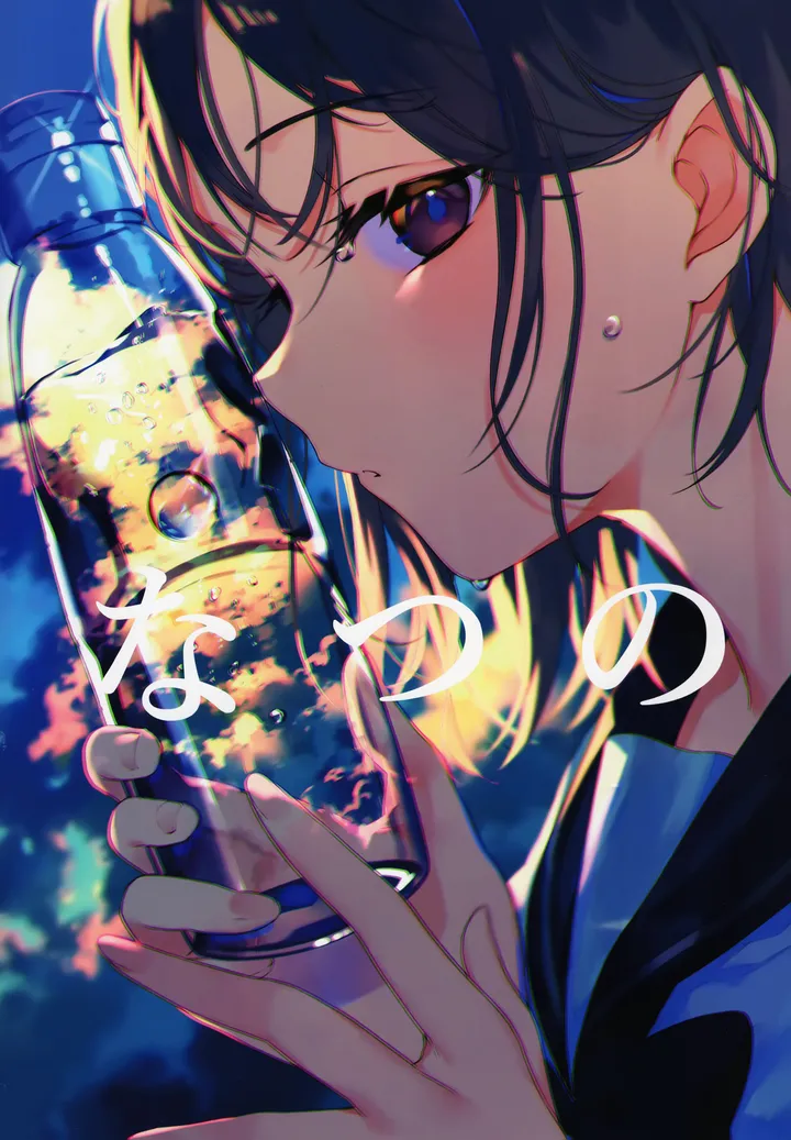 1girl,cloud,from_side,bangs,solo,hands_up,closed_mouth,sky,holding,holding_bottle,school_uniform,water,serafuku,sailor_collar,water_drop,water_bottle,bottle,looking_at_viewer,short_hair,vertical,purple_eyes,blush,blue_sailor_collar,black_hair,black_sailor_collar