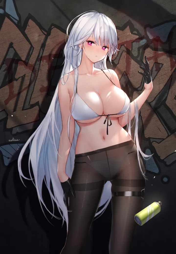 1girl,breasts,cleavage,front-tie_top,underwear,panties,half_gloves,solo,spray_can,thighs,thigh_strap,stomach,very_long_hair,gloves,hand_up,bikini,swimsuit,graffiti,white_hair,white_bikini,looking_at_viewer,panties_under_pantyhose,vertical,standing,string_bikini,purple_eyes,halterneck,front-tie_bikini_top,navel,thighband_pantyhose,bare_arms,large_breasts,pantyhose,collarbone,long_hair,bare_shoulders,black_gloves,black_pantyhose