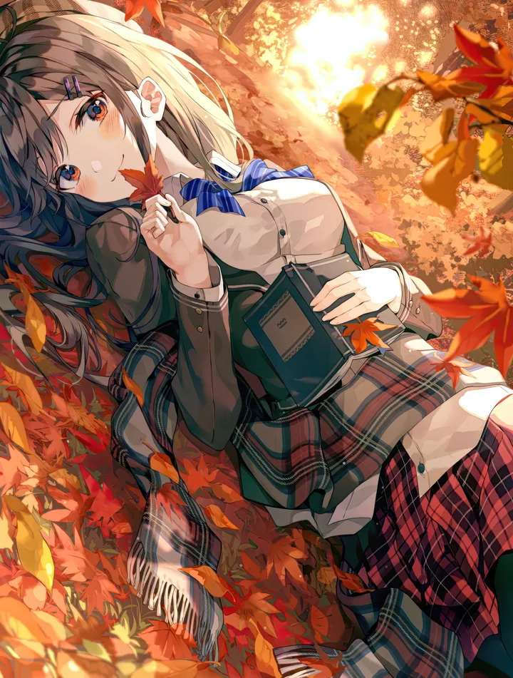 1girl,book,breasts,on_back,bangs,solo,hairclip,leaf,closed_mouth,scarf,hair_ornament,jacket,outdoors,holding_leaf,holding,holding_book,collared_shirt,striped,striped_bow,striped_bowtie,maple_leaf,tree,school_uniform,plaid,plaid_scarf,plaid_skirt,brown_hair,fringe_trim,white_shirt,pleated_skirt,looking_at_viewer,skirt,autumn,autumn_leaves,vertical,smile,red_eyes,red_skirt,blush,blue_bow,blue_bowtie,bow,shirt,dress_shirt,blazer,open_jacket,open_clothes,lying,pantyhose,long_hair,long_sleeves,sunlight,bowtie,black_hair,black_pantyhose