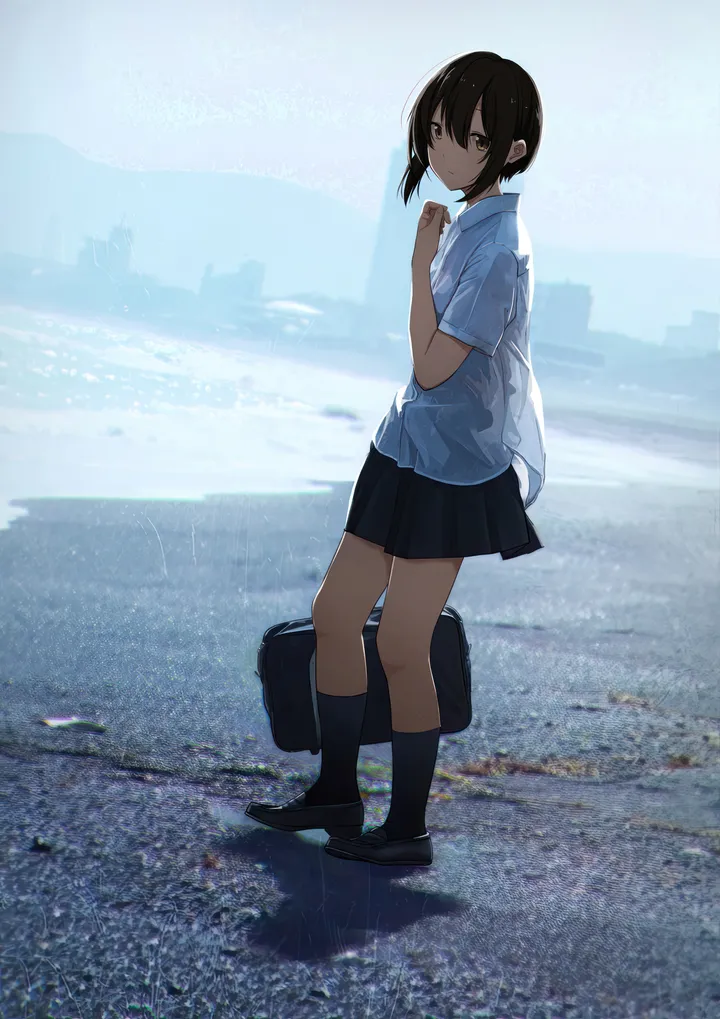 1girl,loafers,school_bag,from_side,full_body,bangs,bag,solo,kneehighs,outdoors,collared_shirt,school_uniform,brown_hair,brown_eyes,white_shirt,pleated_skirt,looking_at_viewer,short_hair,short_sleeves,skirt,vertical,standing,shirt,socks,wet_clothes,wet,rain,shoes,black_skirt,black_socks,black_footwear