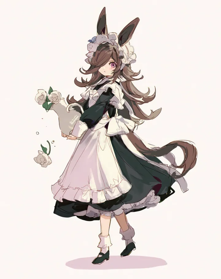 1girl,from_side,full_body,animal_ears,bangs,solo,closed_mouth,apron,hair_over_one_eye,maid,maid_apron,maid_headdress,enmaided,tail,holding,simple_background,brown_hair,mary_janes,rose,white_apron,white_rose,white_background,white_flower,white_socks,looking_at_viewer,alternate_costume,vertical,standing,purple_eyes,frills,frilled_apron,socks,walking,dress,long_hair,long_sleeves,shoes,horse_girl,horse_tail,horse_ears,flower,black_dress,black_footwear