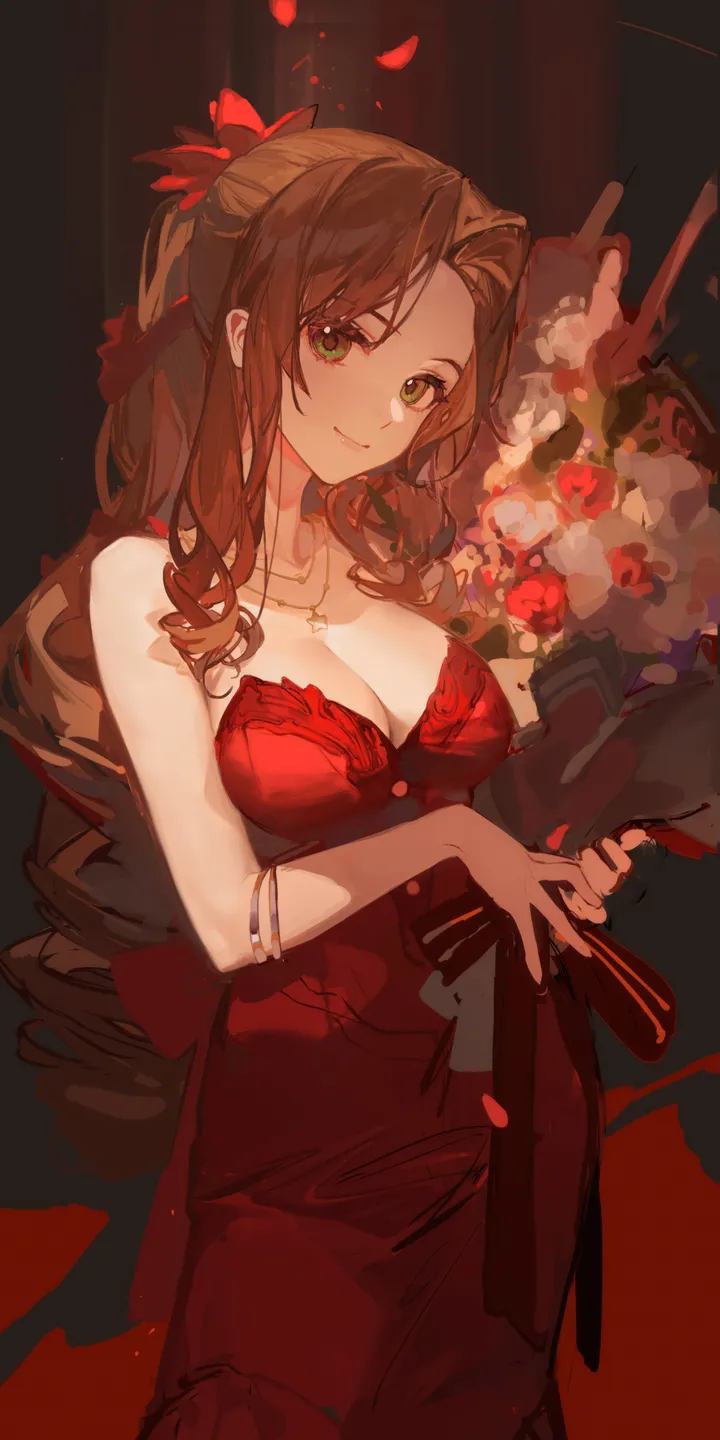 1girl,cowboy_shot,ribbon,medium_breasts,breasts,cleavage,parted_bangs,bangs,solo,closed_mouth,hair_flower,hair_ribbon,hair_ornament,sidelocks,official_alternate_costume,holding_bouquet,bracelet,holding,strapless,strapless_dress,brown_hair,jewelry,looking_at_viewer,vertical,smile,red_background,red_flower,red_dress,green_eyes,bouquet,petals,falling_petals,bow,bare_arms,large_breasts,dress,drill_hair,long_hair,bare_shoulders,necklace,ponytail,flower