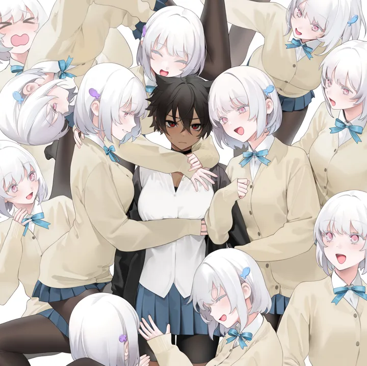 2girls,ribbon,breasts,hug_from_behind,bangs,closed_eyes,closed_mouth,multiple_girls,multiple_views,hair_ornament,jacket,hair_between_eyes,cardigan,open_mouth,hug,collared_shirt,simple_background,school_uniform,brown_cardigan,dark_skin,albino,white_hair,white_background,white_shirt,yuri,pleated_skirt,looking_at_viewer,short_hair,skirt,vertical,smile,pink_eyes,red_eyes,hair_ears,blush,blue_skirt,blue_bow,blue_bowtie,bow,shirt,sleeves_past_wrists,open_clothes,large_breasts,pantyhose,miniskirt,long_sleeves,choker,bowtie,neck_ribbon,fish_hair_ornament,dark-skinned_female,black_hair,black_jacket,black_choker