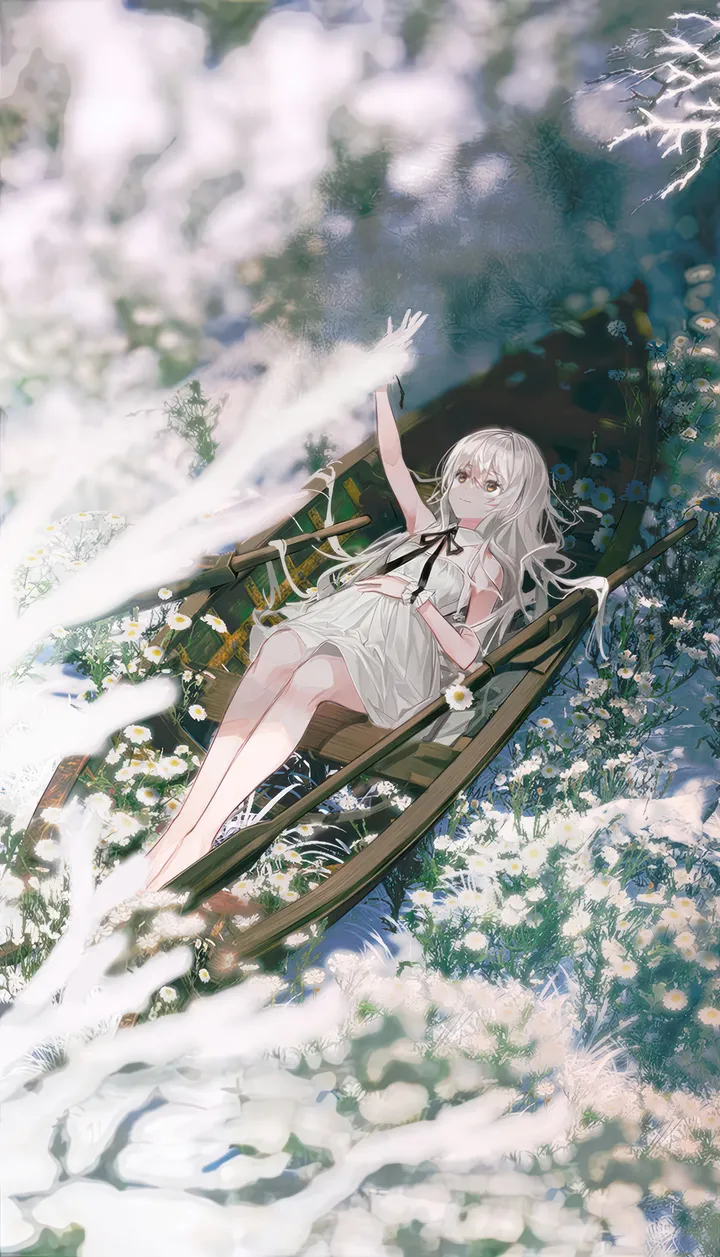 1girl,on_back,bangs,blurry_foreground,solo,closed_mouth,outdoors,sleeveless,sleeveless_dress,depth_of_field,brown_eyes,blurry,white_hair,white_flower,white_dress,vertical,barefoot,lying,dress,long_hair,flower,bird