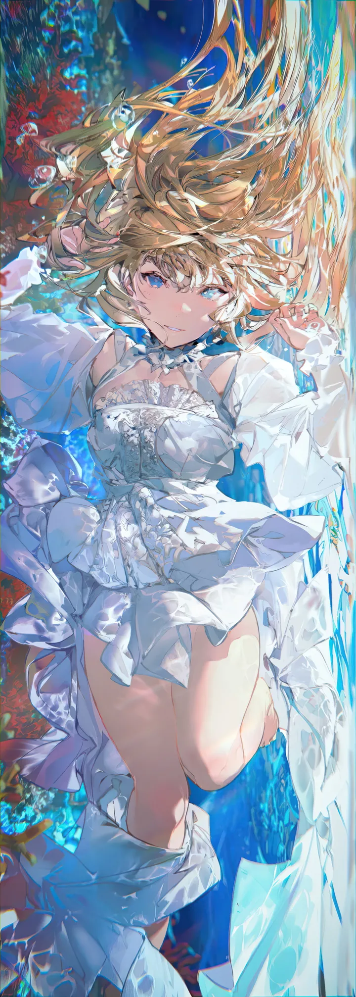 1girl,bangs,solo,parted_lips,water,underwater,bubble,white_dress,looking_at_viewer,vertical,smile,blue_eyes,bare_legs,barefoot,dress,blonde_hair,long_hair,long_sleeves,floating_hair