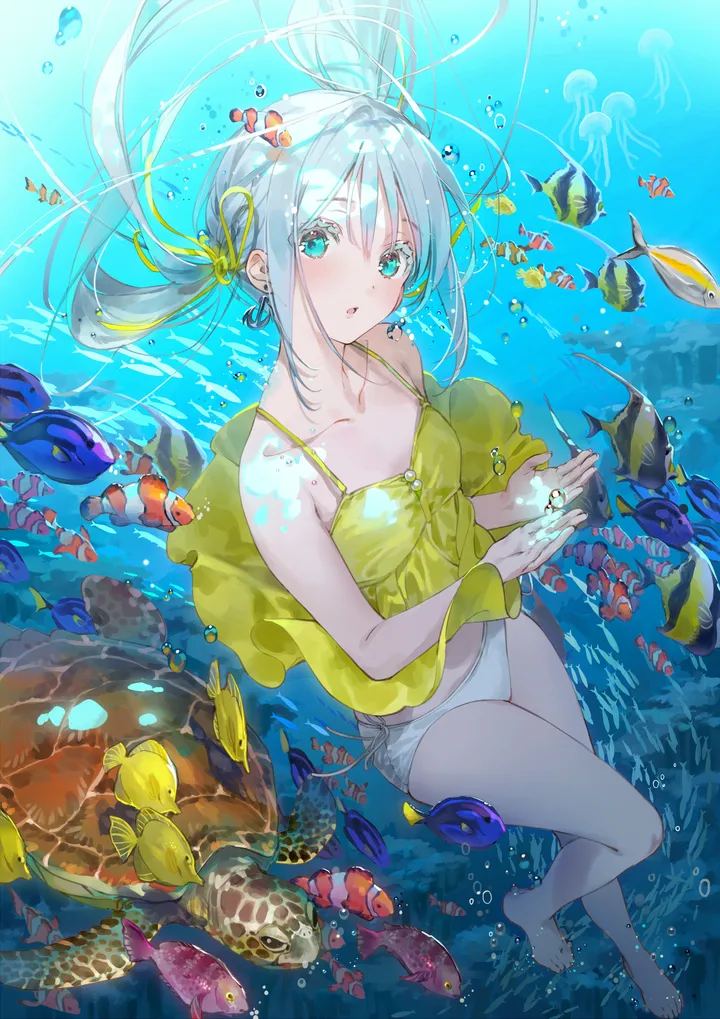 1girl,ribbon,breasts,underwear,panties,bangs,animal,solo,hair_ribbon,parted_lips,sleeveless,air_bubble,underwater,jellyfish,aqua_eyes,bubble,freediving,white_panties,white_hair,looking_at_viewer,vertical,blush,blue_eyes,bare_legs,bare_arms,barefoot,dress,collarbone,long_hair,bare_shoulders,floating_hair,fish,yellow_ribbon