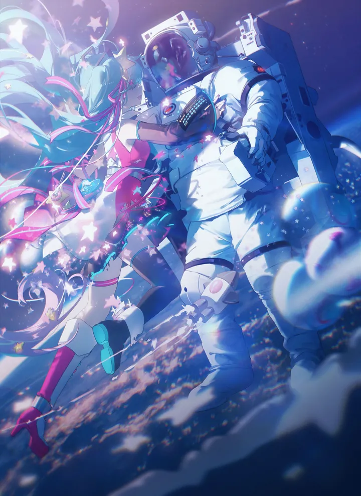 1girl,detached_sleeves,ribbon,profile,light_particles,full_body,blurry_foreground,knee_boots,closed_eyes,twintails,glowing,earth_planet,thigh_strap,sky,space_helmet,hair_ribbon,hair_ornament,space,spacecraft,astronaut,spacesuit,happy_tears,open_mouth,very_long_hair,heart,gloves,hug,fingernails,radio_antenna,sleeveless,sleeveless_dress,star_symbol,star_hair_ornament,star_print,star_sky,starry_sky,depth_of_field,moon,blurry,blurry_background,aqua_hair,floating,rocket,white_dress,skirt,vertical,smile,pink_ribbon,pink_dress,pink_footwear,frills,frilled_dress,blue_hair,planet,absurdly_long_hair,thighhighs,short_dress,dress,backlighting,lens_flare,long_hair,boots,bare_shoulders,shoe_soles,forehead-to-forehead,floating_hair,high_heels