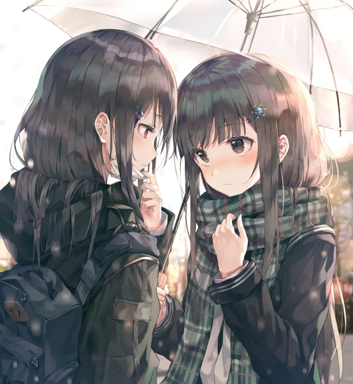 2girls,mask_pull,upper_body,bangs,bag,surgical_mask,backpack,hairclip,mouth_mask,closed_mouth,scarf,multiple_girls,hair_ornament,enpera,jacket,outdoors,holding,holding_umbrella,school_uniform,plaid,plaid_scarf,brown_hair,brown_eyes,serafuku,sailor_collar,yuri,looking_at_another,eye_contact,vertical,red_eyes,green_scarf,blush,shirt,transparent,transparent_umbrella,long_hair,long_sleeves,umbrella,mask,black_hair,black_jacket