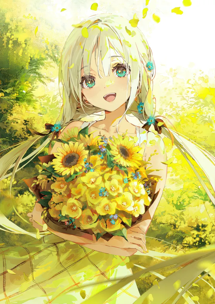 1girl,upper_teeth_only,low_twintails,bangs,solo,twintails,sunflower,sundress,hair_flower,hair_ornament,hair_between_eyes,open_mouth,very_long_hair,outdoors,holding_bouquet,holding,sleeveless,sleeveless_dress,aqua_eyes,teeth,white_dress,looking_at_viewer,vertical,smile,bouquet,petals,blue_eyes,dress,collarbone,long_hair,bare_shoulders,flower,yellow_theme,yellow_flower,yellow_dress