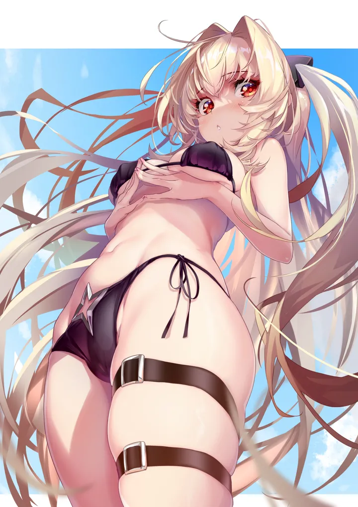 1girl,side-tie_bikini_bottom,medium_breasts,breasts,from_below,bangs,solo,thighs,thigh_strap,sky,two_side_up,stomach,very_long_hair,parted_lips,bikini,swimsuit,day,looking_at_viewer,vertical,red_eyes,navel,blush,blue_sky,skindentation,cameltoe,small_breasts,hair_intakes,blonde_hair,long_hair,black_bikini