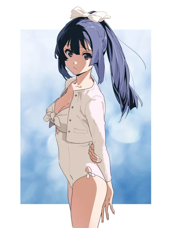 1girl,one-piece_swimsuit,cowboy_shot,medium_breasts,breasts,cleavage,from_side,bangs,solo,arm_behind_back,arms_behind_back,closed_mouth,jacket,swimsuit,white_jacket,white_bow,white_one-piece_swimsuit,looking_at_viewer,vertical,standing,purple_eyes,blue_hair,blue_background,bow,hair_bow,open_jacket,open_clothes,casual_one-piece_swimsuit,collarbone,long_hair,long_sleeves,ponytail