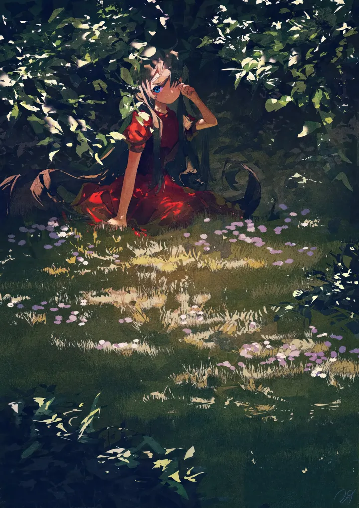 1girl,dappled_sunlight,bangs,solo,leaf,closed_mouth,sitting,nature,very_long_hair,outdoors,hand_up,plant,day,looking_at_viewer,short_sleeves,vertical,signature,purple_flower,red_dress,grass,blue_eyes,puffy_sleeves,dress,long_hair,sunlight,shade,flower,black_hair