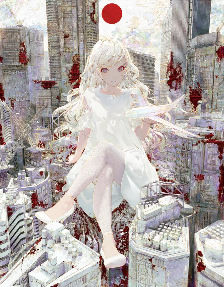 1girl,cloud,crossed_legs,bangs,solo,sitting,city,sky,giantess,giant,building,outdoors,jewelry,white_theme,white_hair,white_dress,white_footwear,looking_at_viewer,vertical,smile,blue_eyes,blood,blood_splatter,dress,long_hair,shoes,high_heels