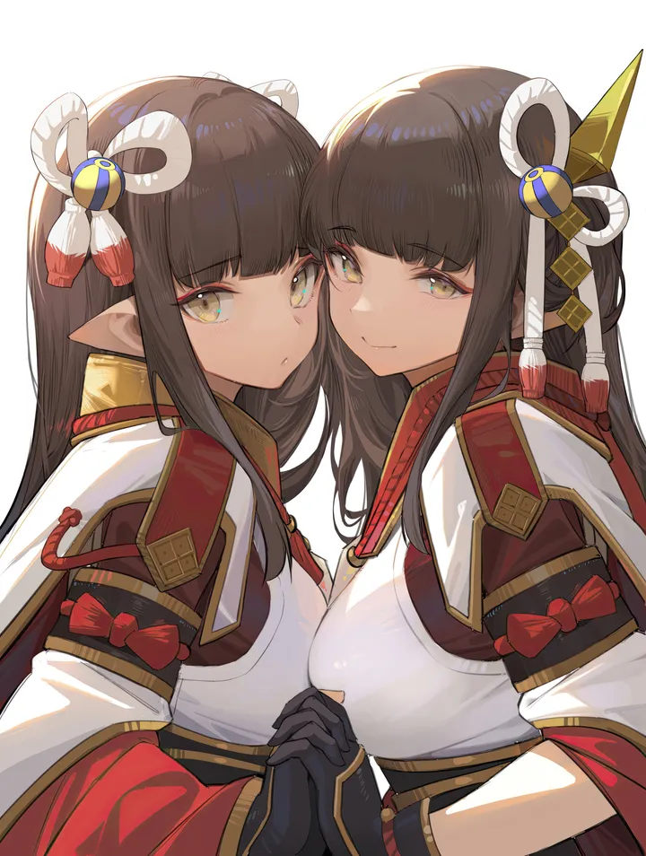 2girls,breasts,upper_body,from_side,bangs,interlocked_fingers,twins,kimono,closed_mouth,multiple_girls,siblings,hair_ornament,sidelocks,makeup,pointy_ears,sisters,wide_sleeves,fewer_digits,gloves,breast_press,japanese_clothes,simple_background,holding_hands,white_kimono,white_background,blunt_bangs,looking_at_viewer,eyeshadow,vertical,smile,red_eyeshadow,symmetrical_docking,blush,large_breasts,long_hair,long_sleeves,yellow_eyes,black_hair,black_gloves