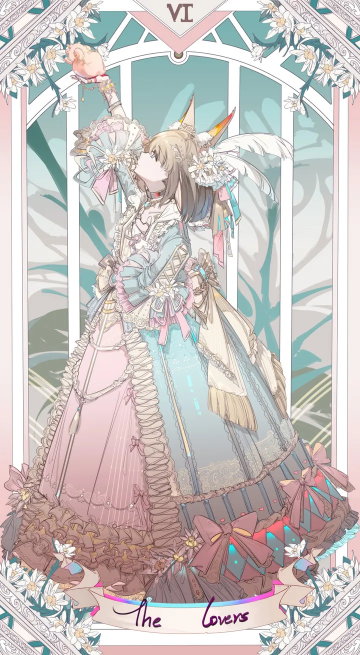 1girl,ribbon,arm_up,profile,full_body,animal_ears,solo,hair_flower,hair_ornament,bracelet,holding,art_nouveau,brown_hair,brown_eyes,jewelry,framed,white_flower,lily_flower,vertical,standing,feathers,feather_hair_ornament,frills,frilled_sleeves,frilled_dress,english_text,blue_dress,bow,border,dress,long_hair,long_sleeves,long_dress,flower