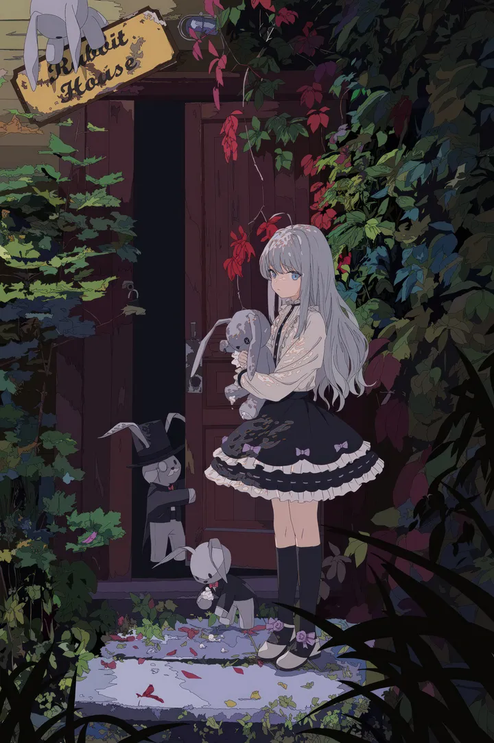 1girl,sign,bangs,solo,kneehighs,ahoge,closed_mouth,outdoors,holding_stuffed_toy,holding,plant,stuffed_bunny,stuffed_animal,stuffed_toy,grey_hair,white_shirt,looking_at_viewer,skirt,vertical,standing,frills,frilled_skirt,blue_eyes,bow,shirt,socks,long_hair,long_sleeves,shoes,flower,black_skirt,black_socks