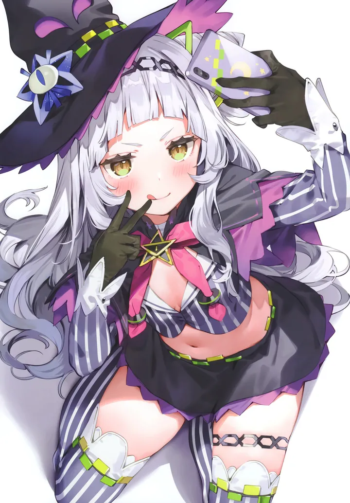 1girl,virtual_youtuber,breasts,bangs,solo,single_hair_bun,hairband,tongue_out,closed_mouth,hair_bun,sitting,thigh_strap,single_side_bun,hair_ornament,witch_hat,capelet,stomach,hat,very_long_hair,gloves,phone,holding_phone,holding,smartphone,simple_background,pinstripe_pattern,striped,striped_shirt,striped_thighhighs,v,grey_hair,white_hair,white_background,blunt_bangs,v-shaped_eyebrows,looking_at_viewer,skirt,cellphone,vertical,vertical_stripes,vertical-striped_shirt,vertical-striped_thighhighs,smile,pinstripe_shirt,navel,blush,selfie,tongue,shirt,small_breasts,thighhighs,miniskirt,long_hair,long_sleeves,midriff,crop_top,cropped_shirt,yellow_eyes,black_headwear,black_gloves,black_skirt