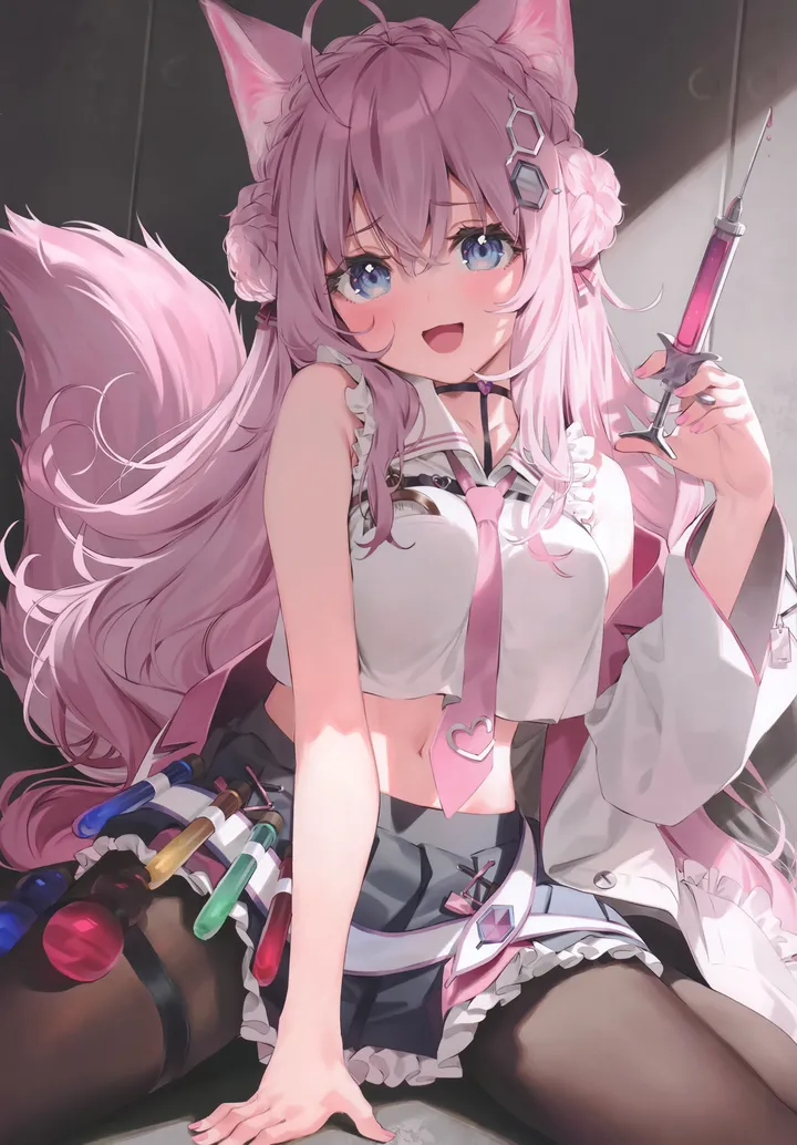 1girl,virtual_youtuber,double_bun,braid,antenna_hair,between_legs,medium_breasts,breasts,animal_ears,bangs,solo,ahoge,hair_bun,sitting,thigh_strap,hair_ornament,tail,hair_between_eyes,open_mouth,very_long_hair,holding,nail_polish,sleeveless,sleeveless_shirt,collared_shirt,brown_pantyhose,wolf_tail,wolf_ears,labcoat,white_shirt,pleated_skirt,crown_braid,looking_at_viewer,skirt,vertical,smile,pink_hair,pink_nails,pink_necktie,animal_ear_fluff,navel,blush,frills,frilled_skirt,frilled_shirt,blue_eyes,shirt,open_clothes,test_tube,braided_bun,pantyhose,miniskirt,long_hair,midriff,bare_shoulders,off_shoulder,crop_top,choker,necktie,wariza,black_skirt,black_pantyhose,black_choker