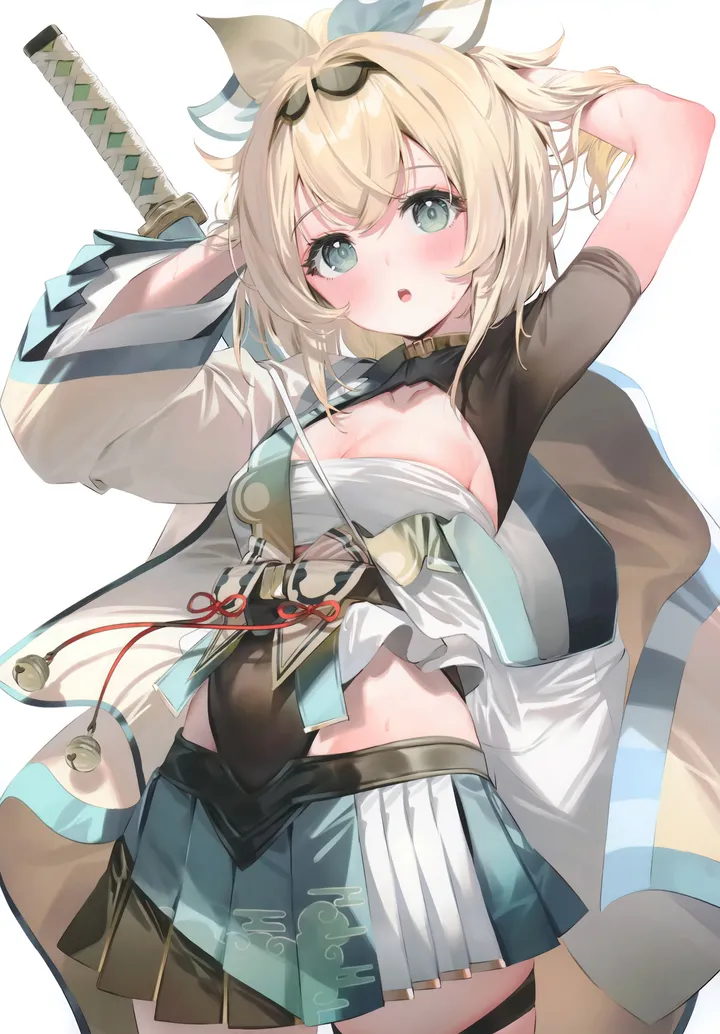 1girl,virtual_youtuber,cowboy_shot,ribbon,medium_breasts,arms_up,breasts,cleavage,bangs,sword,solo,hairband,hair_ribbon,open_mouth,japanese_clothes,katana,simple_background,weapon,sweat,white_background,pleated_skirt,looking_at_viewer,skirt,vertical,green_eyes,haori,weapon_on_back,chest_sarashi,blush,sarashi,shrug_clothing,miniskirt,blonde_hair,bell,covered_navel,ponytail