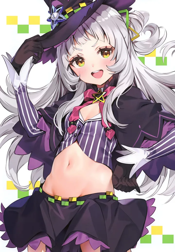 1girl,virtual_youtuber,cowboy_shot,breasts,upper_teeth_only,bangs,solo,single_hair_bun,hairband,hair_bun,single_side_bun,hair_ornament,witch_hat,capelet,stomach,hat,open_mouth,gloves,hand_on_headwear,star_symbol,pinstripe_pattern,striped,striped_shirt,grey_hair,teeth,blunt_bangs,looking_at_viewer,skirt,vertical,vertical_stripes,vertical-striped_shirt,smile,pink_bow,pinstripe_shirt,groin,navel,blush,bow,shirt,small_breasts,miniskirt,long_hair,long_sleeves,midriff,crop_top,cropped_shirt,yellow_eyes,black_headwear,black_gloves,black_capelet,black_skirt