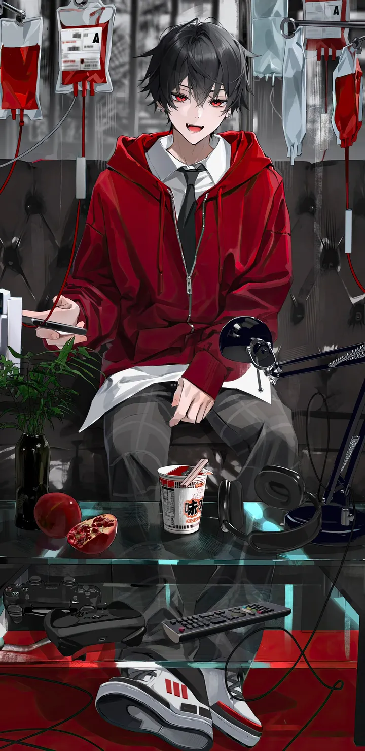 1boy,hood,bangs,solo,sitting,jacket,indoors,hair_between_eyes,open_mouth,phone,controller,holding_game_controller,holding,can,smartphone,collared_shirt,plaid,plaid_pants,plant,fruit,couch,hood_down,game_controller,bottle,male_focus,white_shirt,white_footwear,potted_plant,looking_at_viewer,short_hair,cellphone,vertical,smile,chopsticks,red_jacket,red_eyes,apple,blood,blood_bag,shirt,sleeves_past_wrists,pants,sneakers,hoodie,long_sleeves,shoes,necktie,food,black_hair,black_necktie