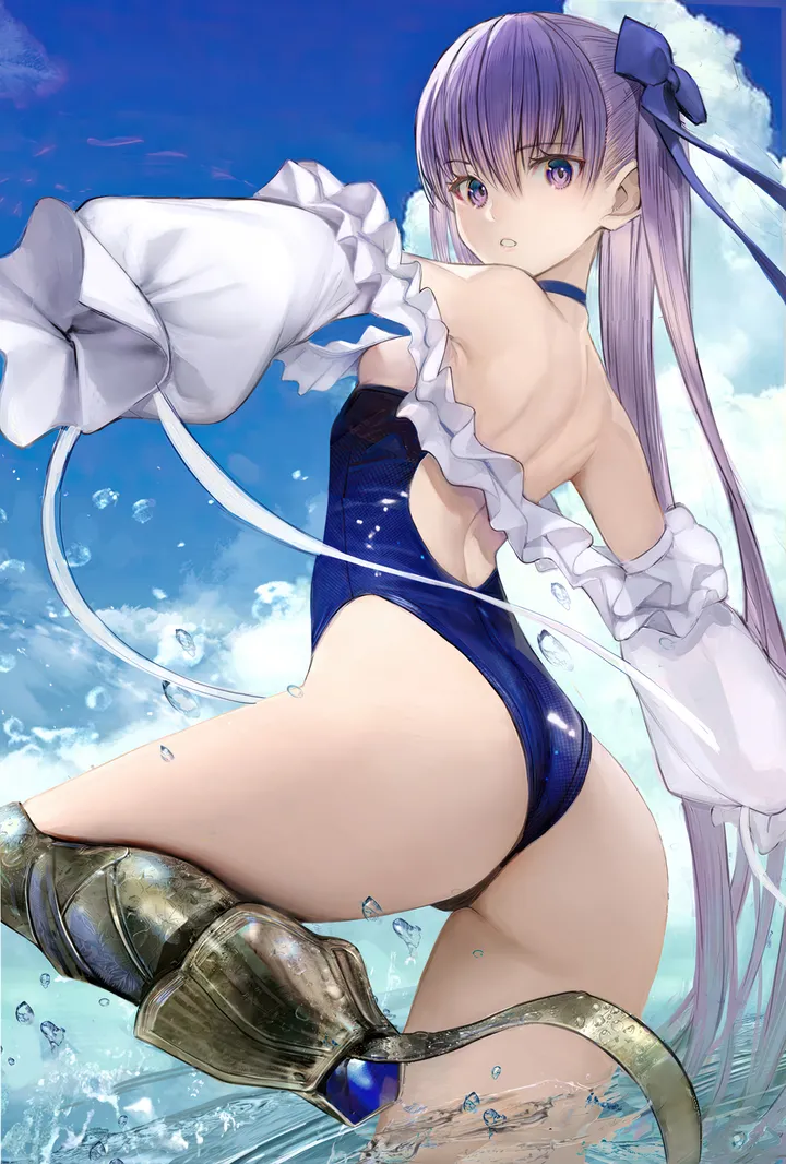 1girl,one-piece_swimsuit,ribbon,breasts,cloud,prosthetic_leg,prosthesis,bangs,solo,back,looking_back,thighs,sky,hair_ribbon,ass,hair_between_eyes,very_long_hair,parted_lips,outdoors,water,swimsuit,day,looking_at_viewer,vertical,purple_hair,purple_eyes,frills,blue_ribbon,blue_sky,blue_eyes,blue_one-piece_swimsuit,puffy_sleeves,sleeves_past_fingers,sleeves_past_wrists,small_breasts,long_hair,long_sleeves,bare_shoulders,off_shoulder,choker,highleg_swimsuit,highleg