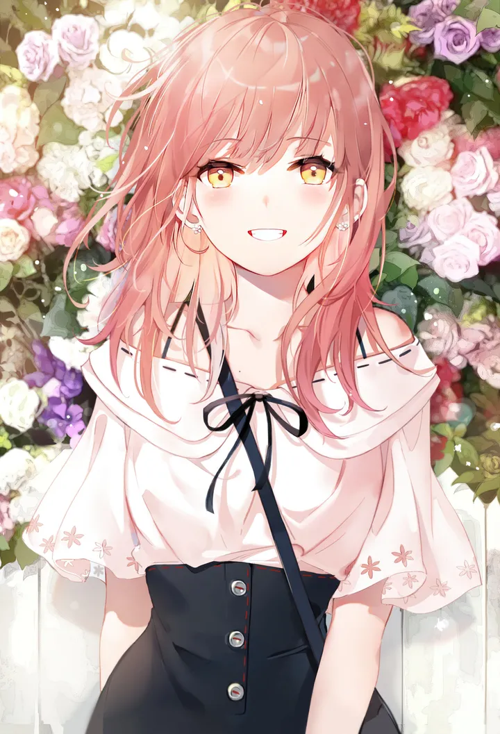 1girl,ribbon,upper_body,bangs,bag,solo,rose,jewelry,mole,white_rose,white_flower,white_shirt,looking_at_viewer,short_sleeves,skirt,vertical,smile,pink_hair,purple_flower,earrings,blush,shirt,collarbone,long_hair,bare_shoulders,off_shoulder,off-shoulder_shirt,grin,high-waist_skirt,flower,yellow_eyes,black_ribbon,black_skirt