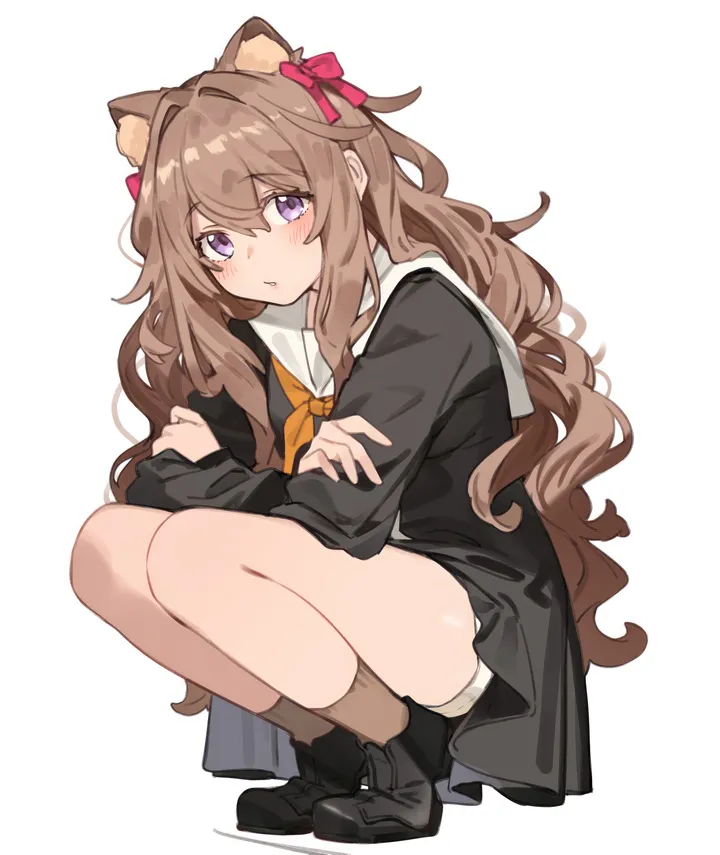 1girl,neckerchief,crossed_arms,full_body,animal_ears,bangs,solo,hair_between_eyes,very_long_hair,simple_background,school_uniform,brown_hair,brown_socks,orange_neckerchief,sailor_collar,wavy_hair,white_sailor_collar,white_background,looking_at_viewer,shorts,vertical,purple_eyes,red_bow,animal_ear_fluff,blush,bow,hair_bow,socks,extra_ears,squatting,long_hair,long_sleeves,shoes,black_footwear