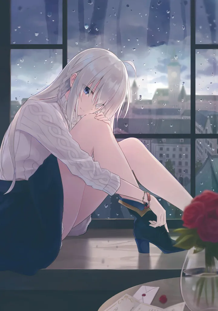 1girl,braid,cloud,letter,envelope,bangs,solo,ahoge,closed_mouth,sitting,cloudy_sky,sky,indoors,hand_on_own_knee,bracelet,knees_up,blurry,sweater,water_drop,rose,jewelry,white_hair,white_sweater,looking_at_viewer,skirt,window,windowsill,vertical,red_flower,vase,blue_eyes,blue_skirt,blue_footwear,long_hair,long_sleeves,rain,high_heels,turtleneck,flower,black_skirt,black_footwear