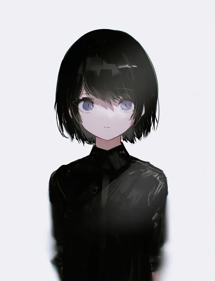 1girl,upper_body,bangs,solo,closed_mouth,expressionless,simple_background,grey_background,white_background,looking_at_viewer,short_hair,vertical,purple_eyes,shirt,black_hair,black_shirt