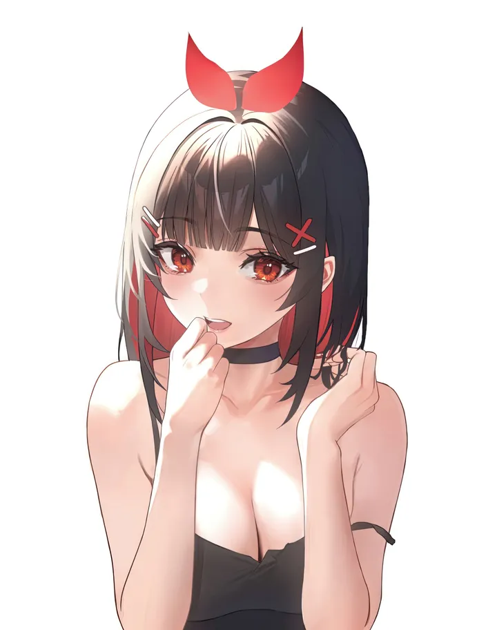 1girl,x_hair_ornament,ribbon,medium_breasts,medium_hair,breasts,cleavage,upper_body,upper_teeth_only,colored_inner_hair,bangs,solo,hands_up,two-tone_hair,hairclip,multicolored_hair,hair_ribbon,hair_ornament,camisole,open_mouth,simple_background,teeth,white_background,blunt_bangs,looking_at_viewer,vertical,smile,red_hair,red_eyes,strap_slip,large_breasts,collarbone,bare_shoulders,choker,black_hair,black_choker