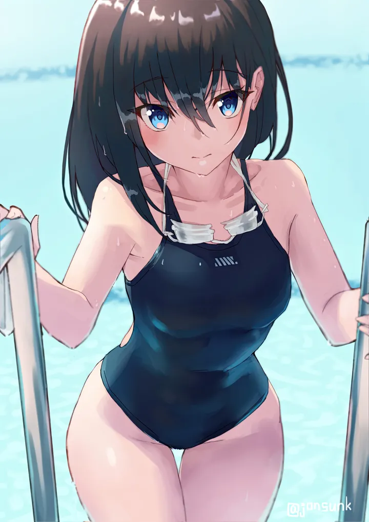 1girl,one-piece_swimsuit,cowboy_shot,breasts,bangs,solo,closed_mouth,thighs,thigh_gap,hair_between_eyes,goggles,twitter_username,water,pool,pool_ladder,swimsuit,looking_at_viewer,vertical,goggles_around_neck,blue_eyes,blue_one-piece_swimsuit,wet_hair,wet,competition_swimsuit,collarbone,long_hair,bare_shoulders,black_hair,black_one-piece_swimsuit