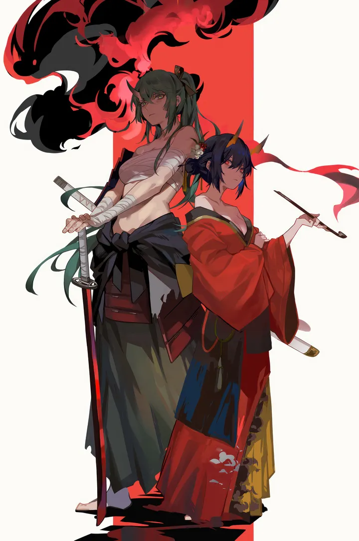 2girls,medium_breasts,breasts,cleavage,scar,sheathed,full_body,bangs,sword,sheath,single_horn,kimono,multiple_girls,hair_ornament,sidelocks,wide_sleeves,stomach,hair_between_eyes,holding_sword,holding_weapon,hand_on_hilt,holding,holding_smoking_pipe,japanese_clothes,katana,weapon,smoke,smoking_pipe,kiseru,white_background,looking_at_viewer,skirt,alternate_costume,vertical,standing,red_kimono,red_eyes,bandages,green_hair,bandaged_arm,navel,chest_sarashi,blue_hair,sarashi,horns,long_hair,long_sleeves,bare_shoulders,off_shoulder,ponytail,oni_horns,yellow_eyes,dragon_horns