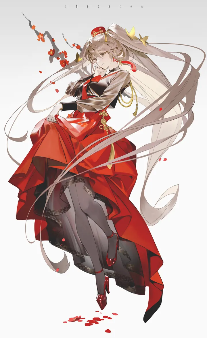 1girl,breasts,full_body,bangs,see-through,solo,twintails,hat,very_long_hair,skirt_hold,hanbok,simple_background,tassel,jewelry,white_background,looking_at_viewer,skirt,vertical,red_skirt,red_flower,red_footwear,earrings,petals,bug,butterfly,dress,pantyhose,long_hair,long_sleeves,korean_clothes,high_heels,flower,black_pantyhose