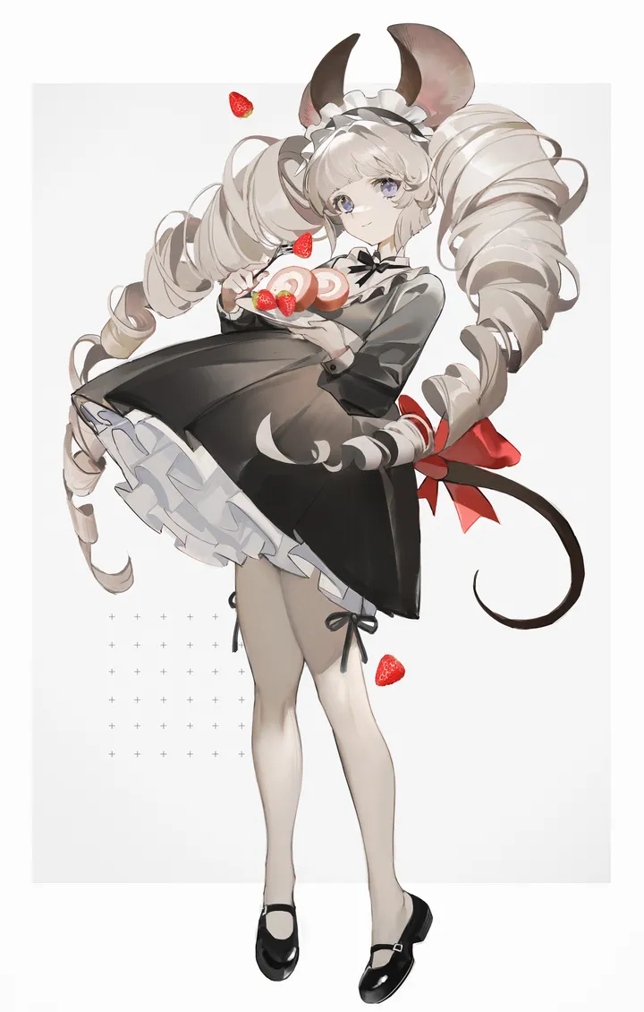 1girl,ribbon,full_body,animal_ears,bangs,solo,twin_drills,twintails,closed_mouth,maid,maid_headdress,tail,tail_ornament,tail_bow,very_long_hair,holding,simple_background,fruit,mary_janes,white_background,white_pantyhose,looking_at_viewer,vertical,standing,purple_eyes,red_bow,mouse_ears,frills,strawberry,bow,dress,pantyhose,drill_hair,long_hair,long_sleeves,shoes,food,black_dress,black_footwear,mouse_girl,mouse_tail