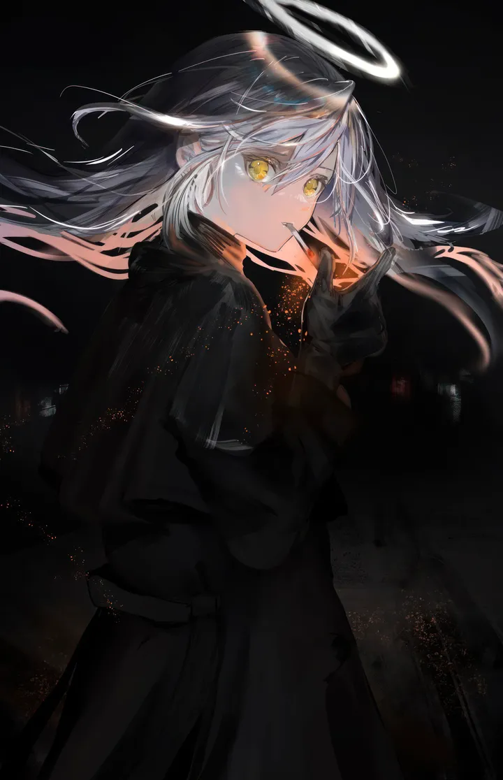 1girl,bangs,solo,smoking,coat,halo,hair_between_eyes,gloves,grey_hair,smoke,white_hair,looking_at_viewer,vertical,long_hair,long_sleeves,floating_hair,cigarette,yellow_eyes,black_gloves,black_background