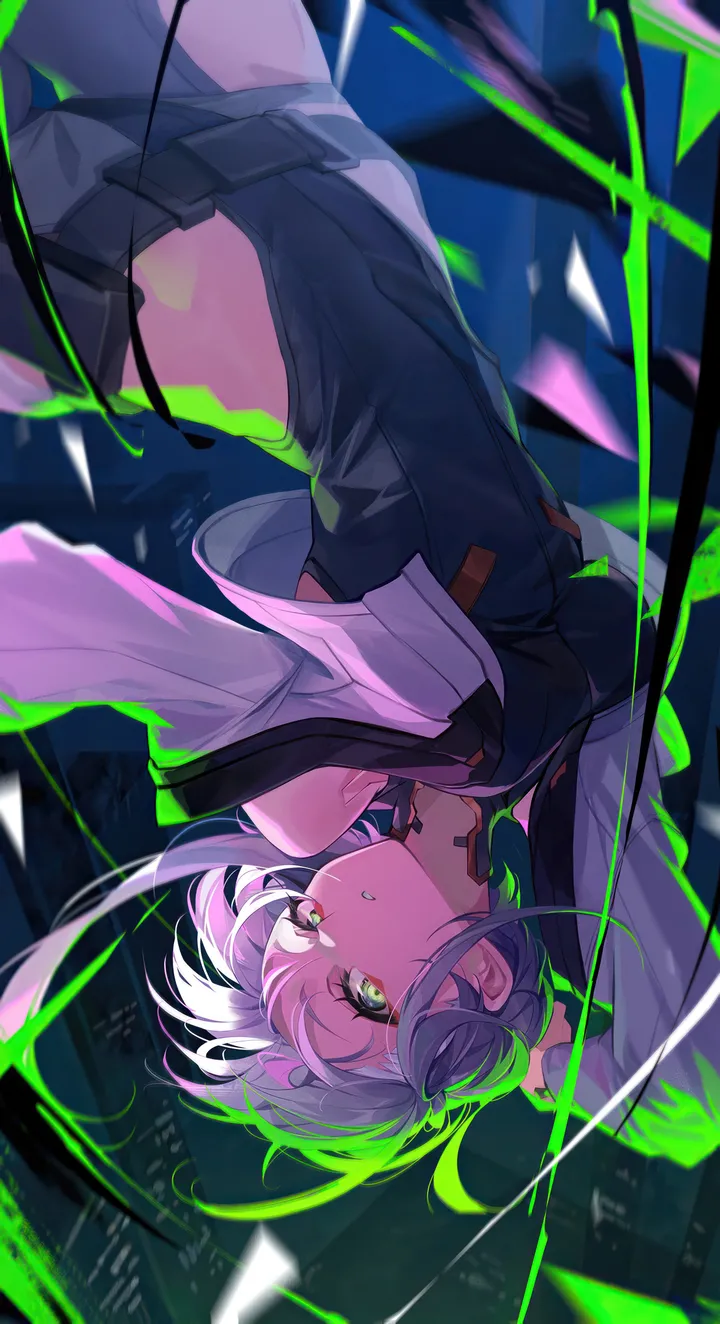 1girl,falling,medium_breasts,breasts,upside-down,bangs,solo,multicolored_eyes,jacket,parted_lips,white_jacket,belt,looking_at_viewer,vertical,leotard,red_eyeliner,open_jacket,open_clothes,bodysuit,long_sleeves,bare_shoulders,off_shoulder,yellow_eyes,black_leotard