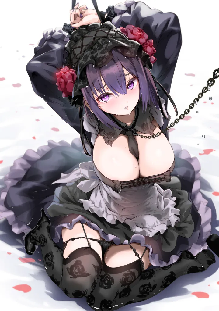 1girl,arms_up,breasts,cleavage,wig,underwear,panties,bangs,solo,garter_straps,bonnet,gothic_lolita,apron,sitting,hair_flower,between_breasts,parted_lips,cosplay,restrained,nail_polish,bound,sweat,lolita_hairband,lolita_fashion,leash,chain_leash,rose,looking_at_viewer,short_hair,vertical,purple_hair,purple_nails,purple_eyes,blush,floral_print,petals,frills,panty_pull,large_breasts,thighhighs,dress,chain,long_sleeves,collar,necktie,necktie_between_breasts,high_heels,flower,wariza,black_panties,black_thighhighs,black_dress,black_footwear,black_necktie