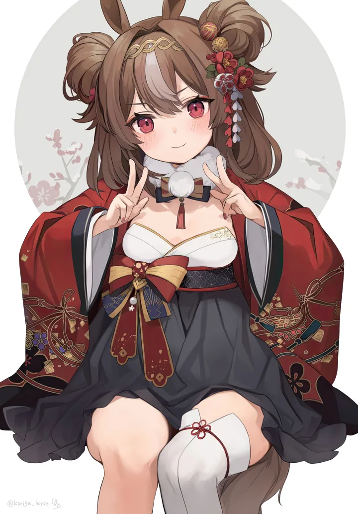 1girl,double_bun,breasts,animal_ears,bangs,solo,single_thighhigh,double_w,double_v,feet_out_of_frame,kimono,closed_mouth,hair_bun,sitting,multicolored_hair,hair_flower,hair_ornament,wide_sleeves,tail,streaked_hair,japanese_clothes,simple_background,brown_hair,v,grey_background,white_hair,white_background,white_thighhighs,looking_at_viewer,skirt,vertical,smile,red_eyes,blush,small_breasts,thighhighs,long_hair,long_sleeves,horse_girl,horse_tail,horse_ears,flower,black_skirt