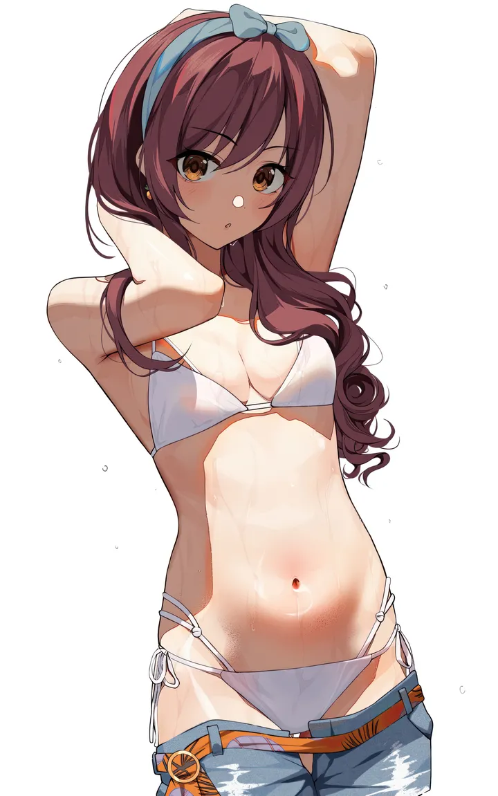 1girl,cowboy_shot,side-tie_bikini_bottom,medium_breasts,arms_up,breasts,cleavage,bangs,solo,hairband,stomach,bow_hairband,simple_background,brown_hair,bikini,bikini_under_clothes,swimsuit,denim,denim_shorts,white_bikini,white_background,belt,looking_at_viewer,shorts,vertical,string_bikini,earrings,navel,blush,armpits,small_breasts,long_hair