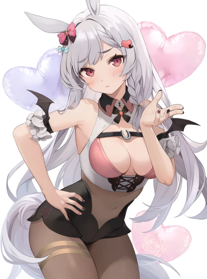 1girl,cowboy_shot,braid,medium_breasts,breasts,cleavage,animal_ears,underwear,bangs,solo,hand_on_hip,hairclip,closed_mouth,hair_ornament,tail,very_long_hair,heart,heart_hair_ornament,heart_balloon,arm_strap,hand_up,nail_polish,sleeveless,simple_background,brown_pantyhose,balloon,grey_hair,white_background,looking_at_viewer,vertical,standing,pink_eyes,pink_bra,ear_bow,red_eyes,wings,bra,blush,bat_wings,bow,hair_bow,leaning_forward,large_breasts,pantyhose,long_hair,covered_navel,bare_shoulders,horse_girl,horse_tail,horse_ears,black_nails,black_skirt