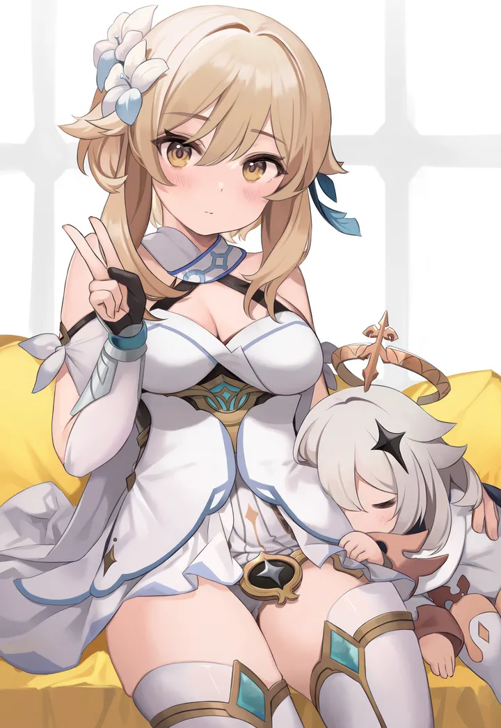 2girls,detached_sleeves,medium_breasts,breasts,cleavage,bangs,closed_eyes,closed_mouth,scarf,sitting,multiple_girls,thighs,halo,hair_flower,hair_ornament,hair_between_eyes,gloves,hand_up,fingerless_gloves,v,white_hair,white_background,white_flower,white_thighhighs,white_dress,looking_at_viewer,sleeping,vertical,blush,thighhighs,dress,blonde_hair,bare_shoulders,flower,yellow_eyes,black_gloves