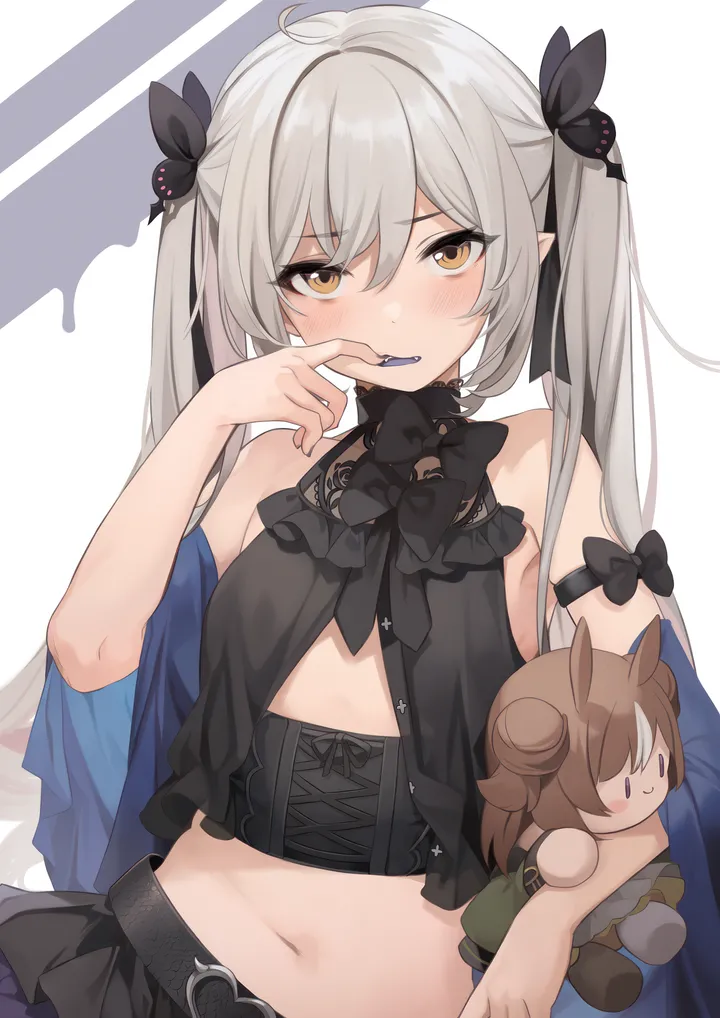 1girl,ribbon,upper_body,bangs,solo,twintails,ahoge,hair_ribbon,pointy_ears,stomach,finger_in_own_mouth,hand_up,holding,sleeveless,sleeveless_shirt,simple_background,brown_eyes,grey_hair,white_background,looking_at_viewer,skirt,vertical,navel,blush,shirt,character_doll,long_hair,midriff,bare_shoulders,crop_top,yellow_eyes,black_skirt,black_shirt